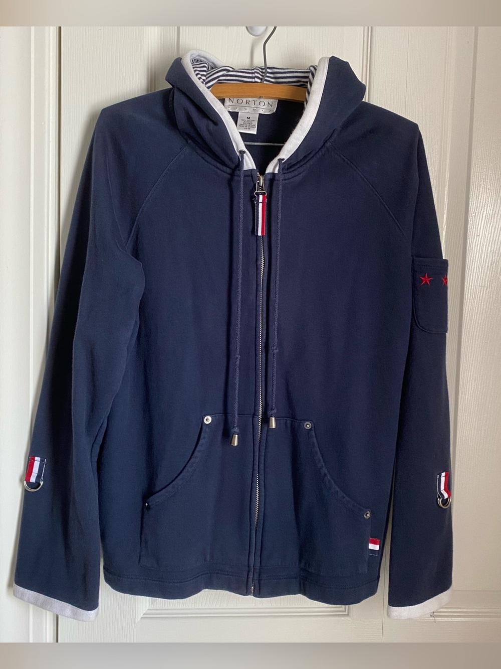 Vintage Y2K Navy Zip-Up Hooded Sweatshirt M Oversized Coastal Cozy Preppy Retro